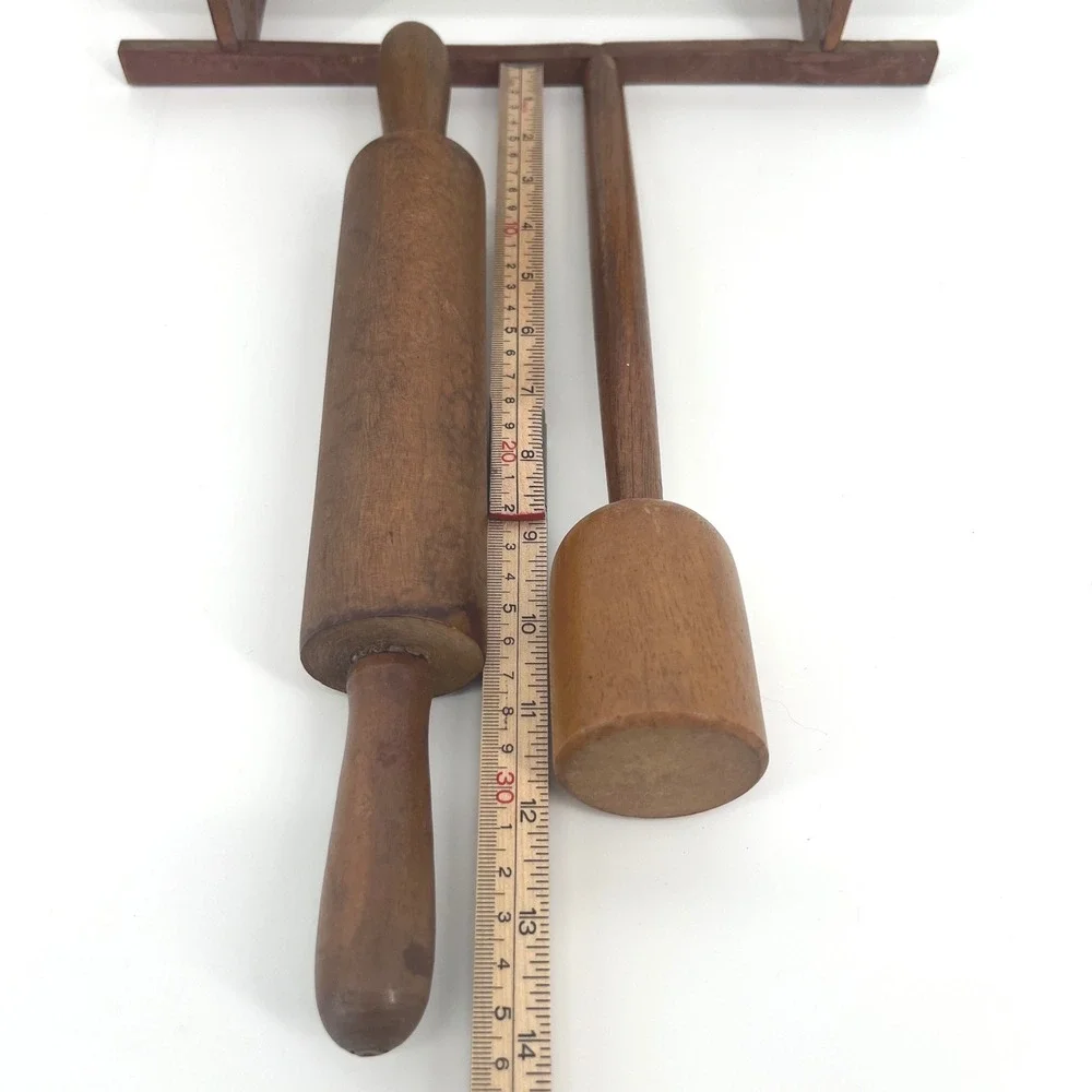 Vintage Wood Rolling Pin Mallet Set Wall Rack Brown Primitive Farmhouse Decor